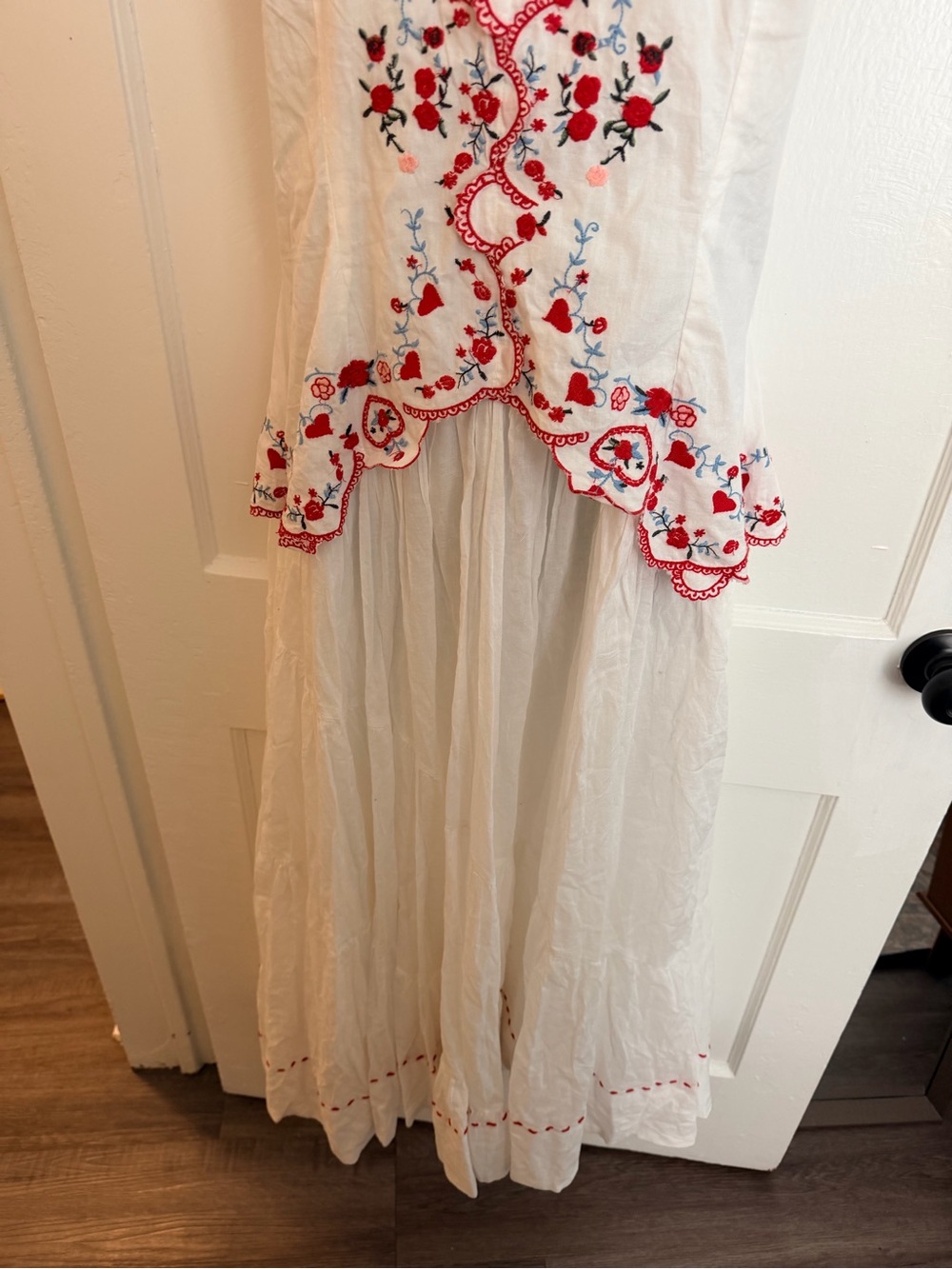 NWT retails 249, Free People White Midi Dress with Red Embroidered Bodice - Picture 7 of 14